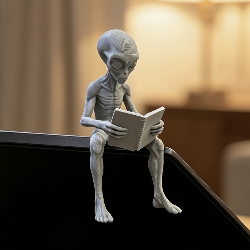 Retro Gaming Desk Setup - Reading Alien Mini Figurines 3D Printed