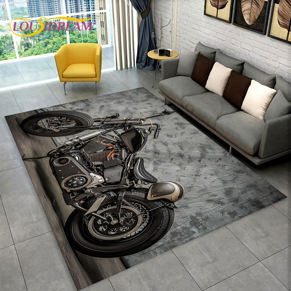 Retro Gaming Rug - 3D Retro Vintage Motorcycle Area Rug